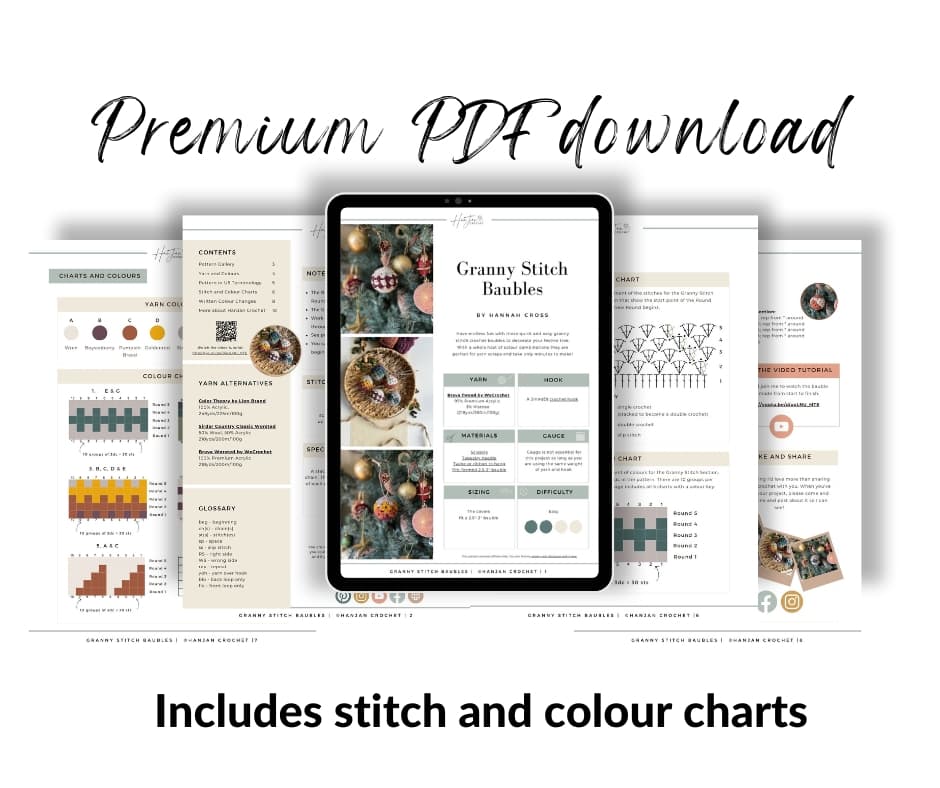 A tablet with the premium crochet bauble pattern available for download, which includes colour charts.