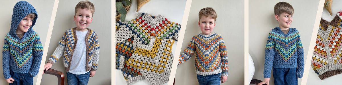 Four pictures of children wearing crocheted sweaters.