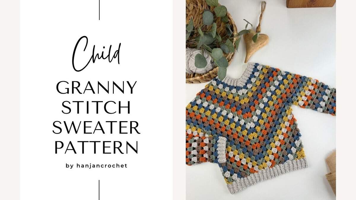 This pattern features a cozy child granny stitch sweater design.