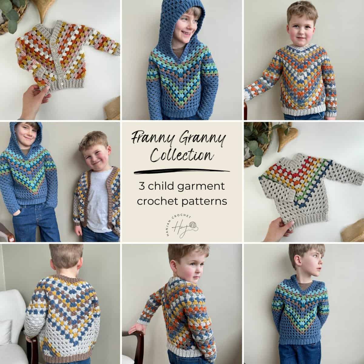 A collection of pictures of kids wearing a crocheted cardigan.