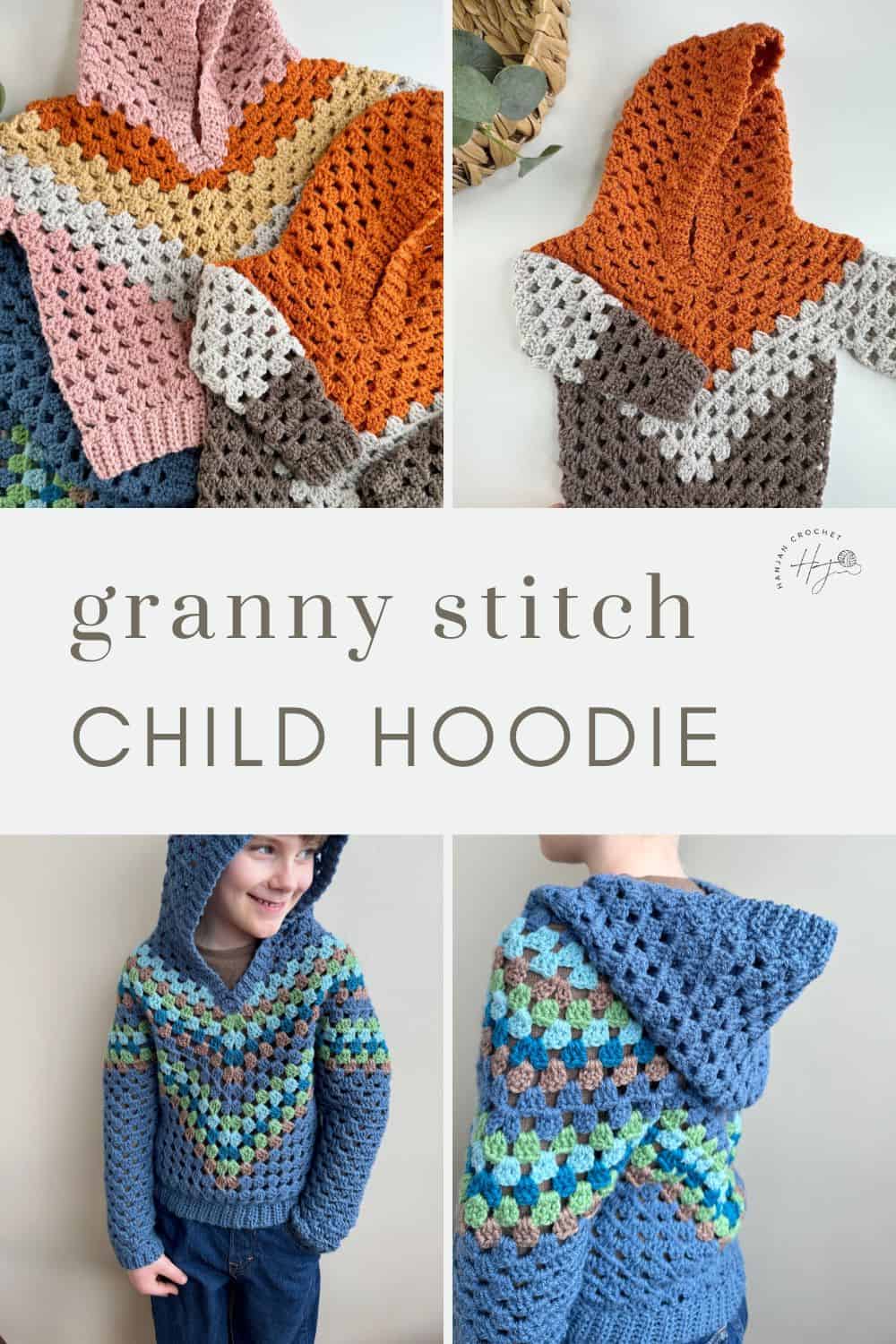 Crochet child hoodie pattern featuring a granny stitch.