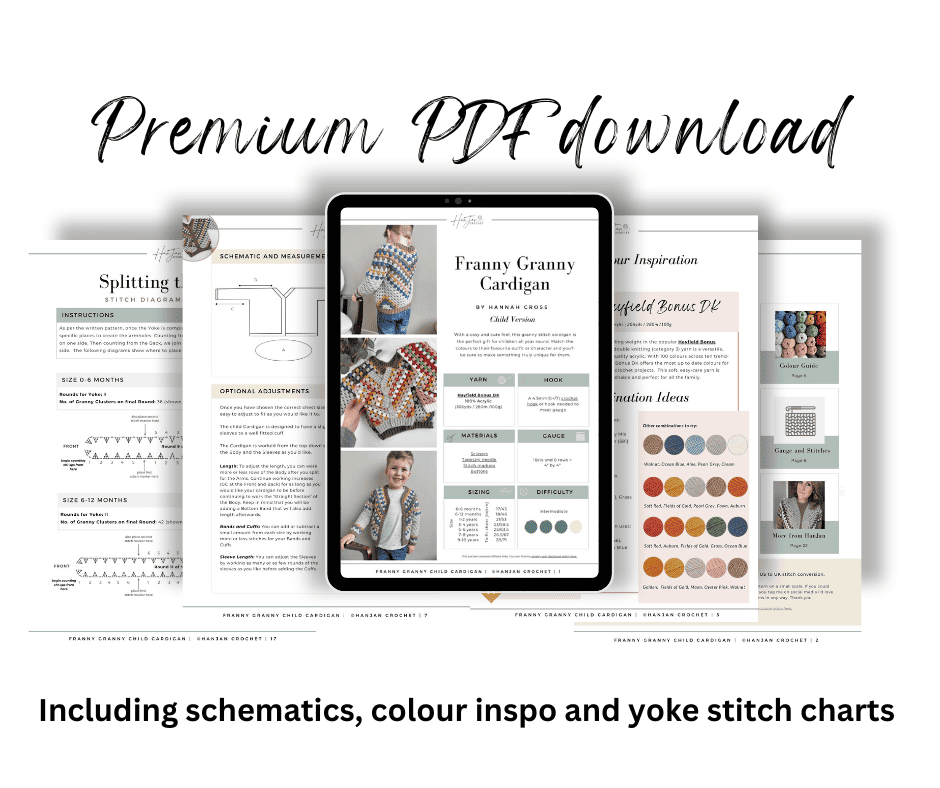 Premium pdf download including schematics and color charts for a kids crochet cardigan.