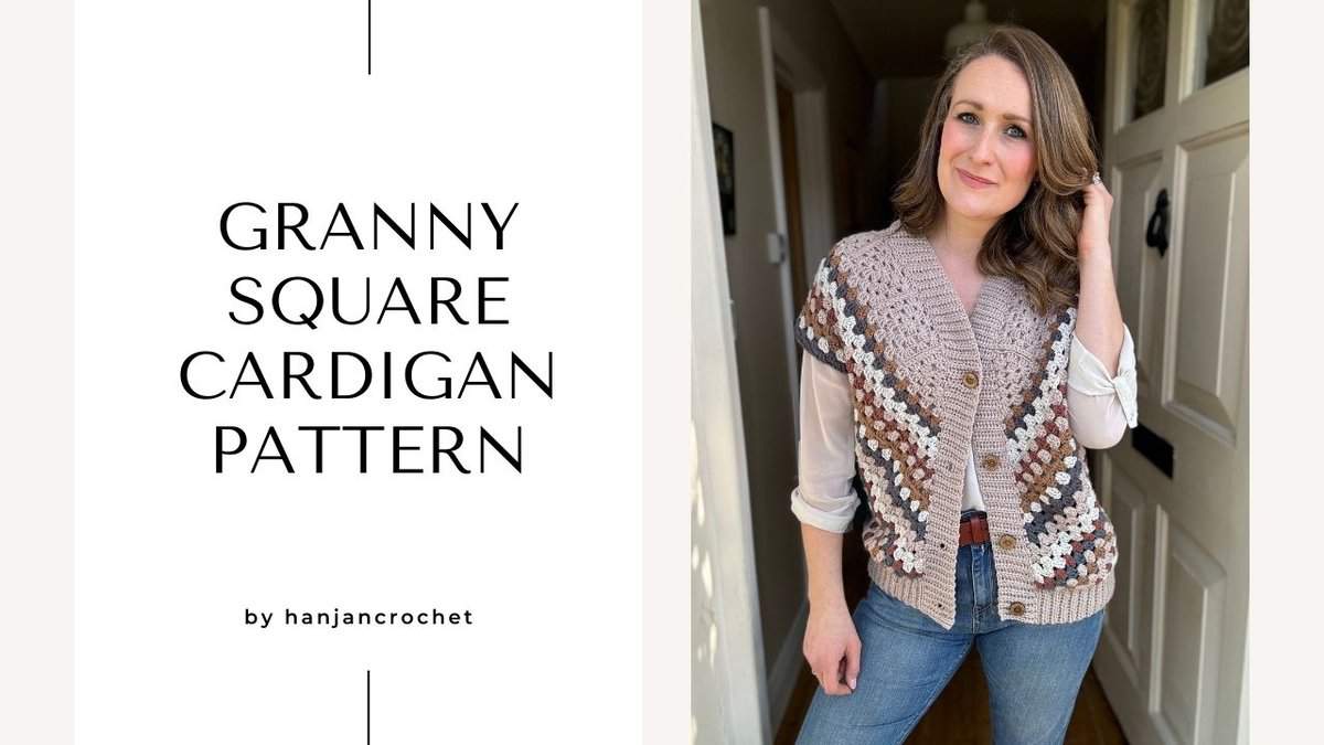 Woman modeling a crocheted granny square cardigan.