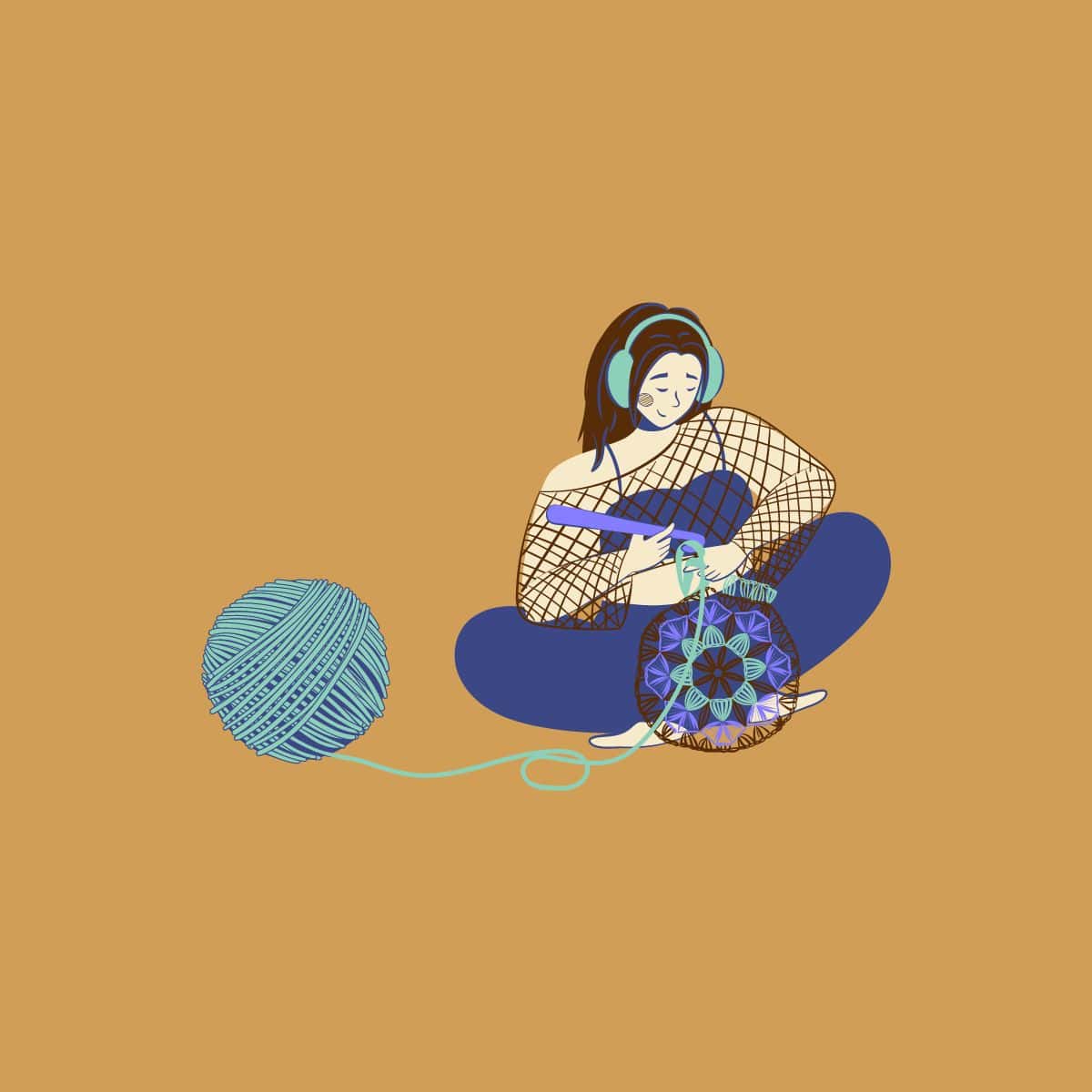 An illustration of a woman creating a crochet garment with a ball of yarn.