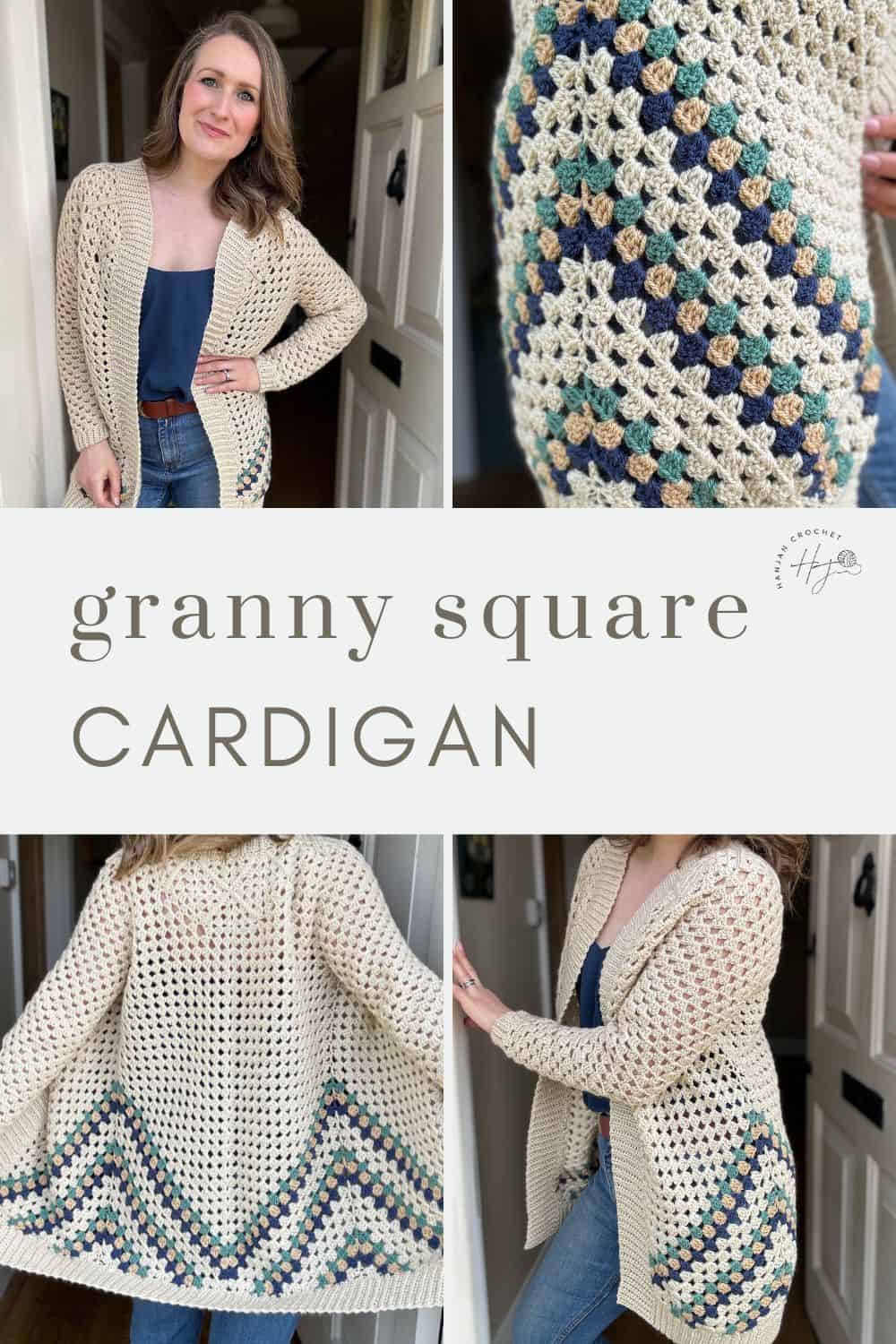 A woman modeling a handcrafted granny square cardigan from different angles.