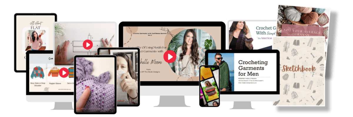 A collection of various digital devices displaying a range of creative and instructional content on their screens, including fashion blogs, crochet garment tutorials, and graphic design work.