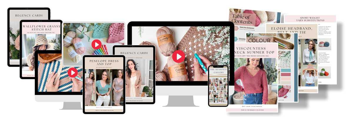 Various crochet patterns displayed on digital devices and print materials, including cardigans, tops, and accessories with step-by-step instructions and images.