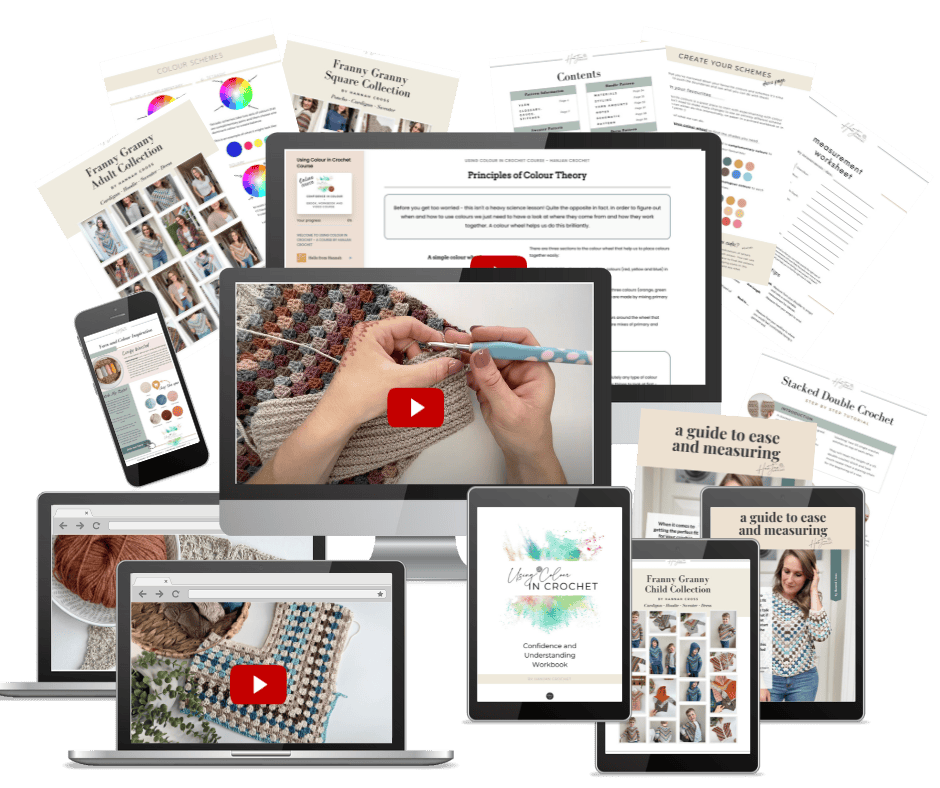 A collage of crochet learning materials including online video tutorials on monitors and various printed guides, patterns, and booklets showing different crochet techniques and designs.