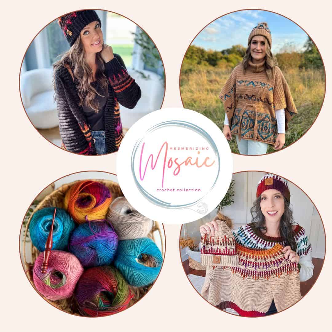 Women wearing knitted outfits, yarn balls in a basket, and a "Mesmerizing Mosaic crochet collection" logo in the center.