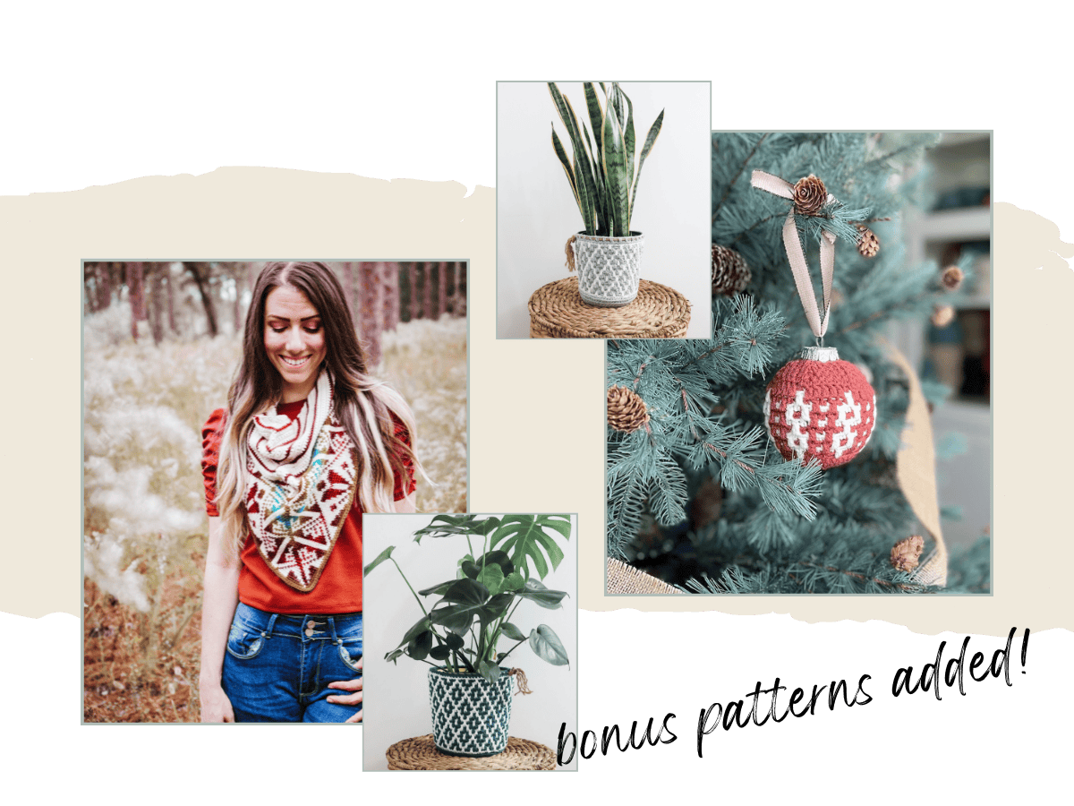 Collage of a woman outdoors, two potted plants (snake plant and monstera), and a Christmas tree with a red ornament.