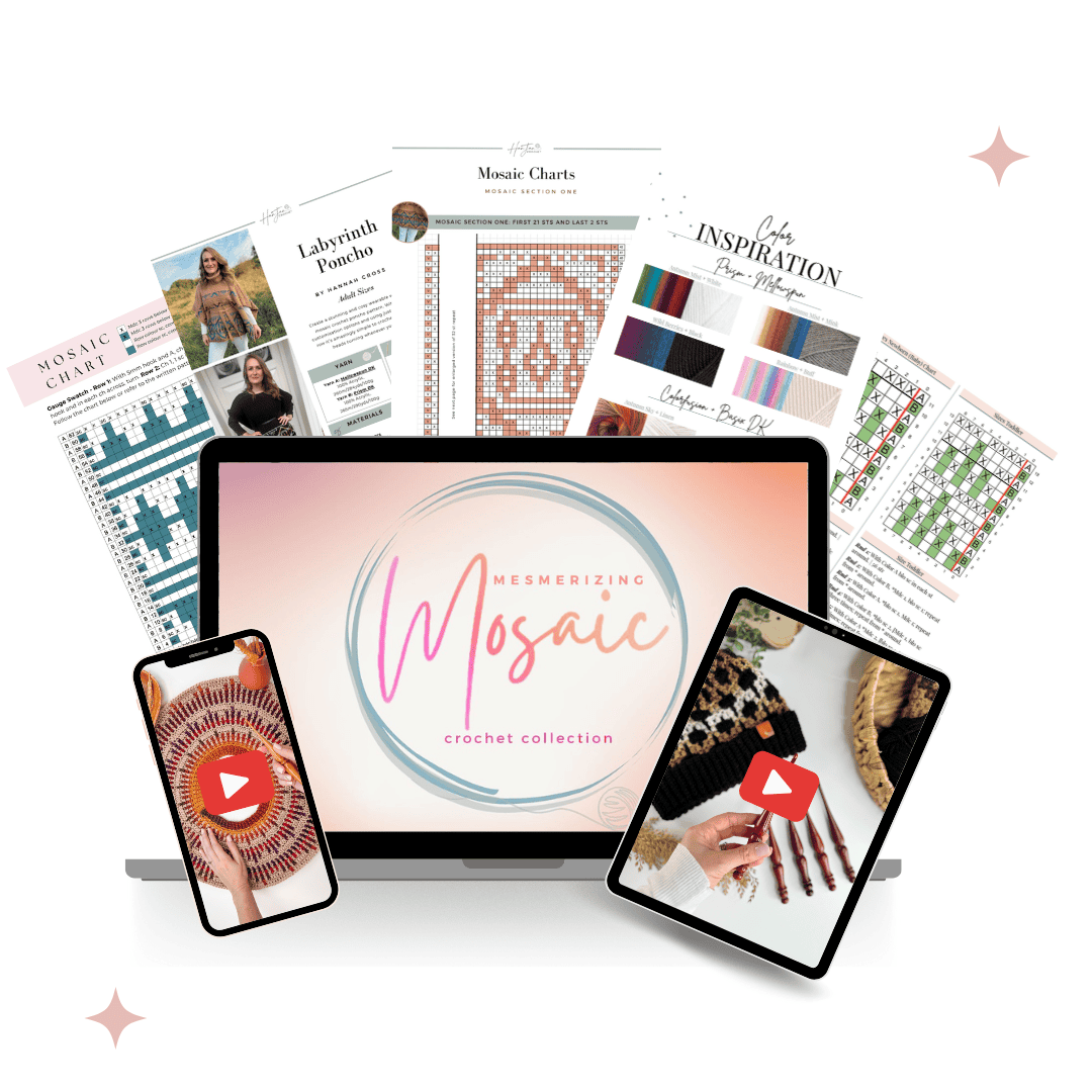 Digital display of crochet patterns and guides labeled "Mesmerizing Mosaic," featuring previews on a laptop, tablet, and phone.