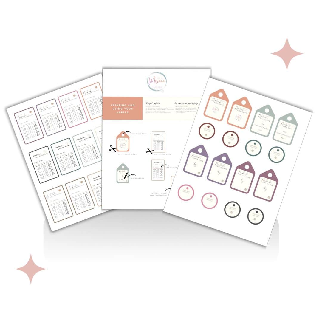 Three sheets with printable label designs featuring tags and round shapes in pastel hues, accompanied by instructions and decorative elements.