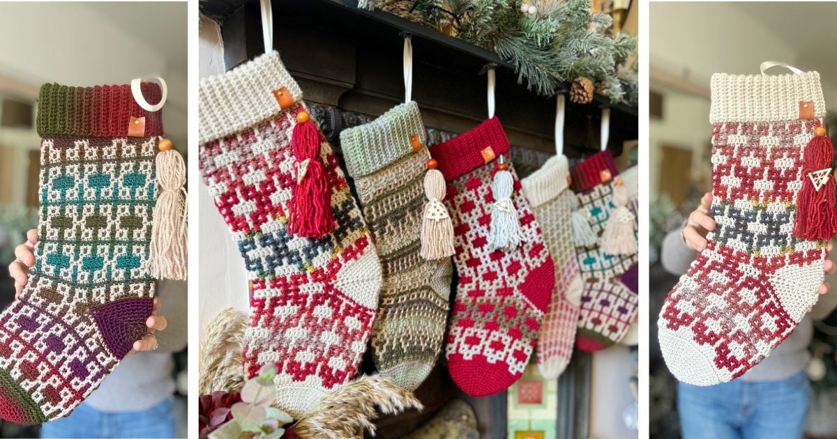 Five colorful, patterned crochet Christmas stockings hang on a mantle, decorated with tassels and greenery, with a hand holding one stocking on each side of the image. Perfect for showcasing your favorite crochet Christmas stocking pattern alongside classic knits.