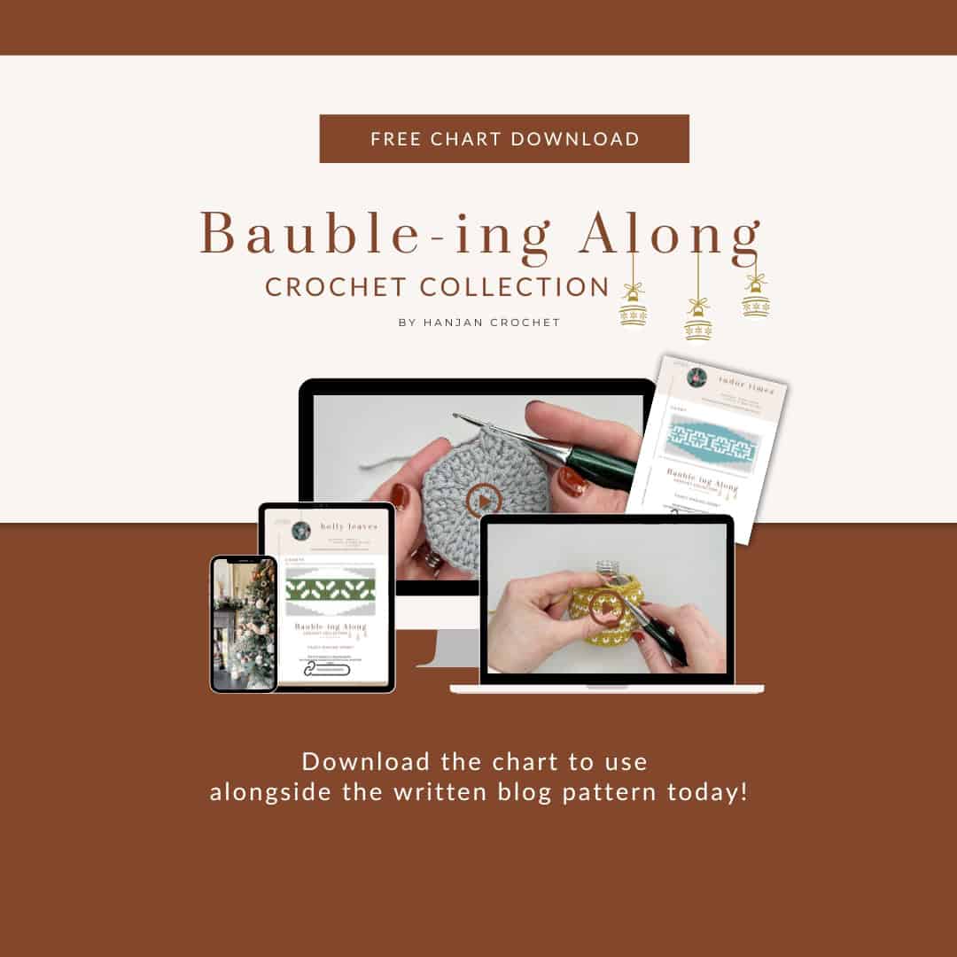 Promotional graphic displays devices with crochet patterns, labeled "Bauble-ing Along Crochet Collection" and offering a free gingham crochet bauble pattern chart download from Hanjan Crochet.