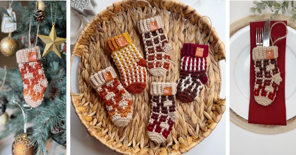 Three photos show crochet mini stockings: hanging on a tree, arranged in a basket, and used as cutlery holders on a table setting—perfect inspiration if you’re looking for ideas to use your favorite mini crochet Christmas stocking pattern.
