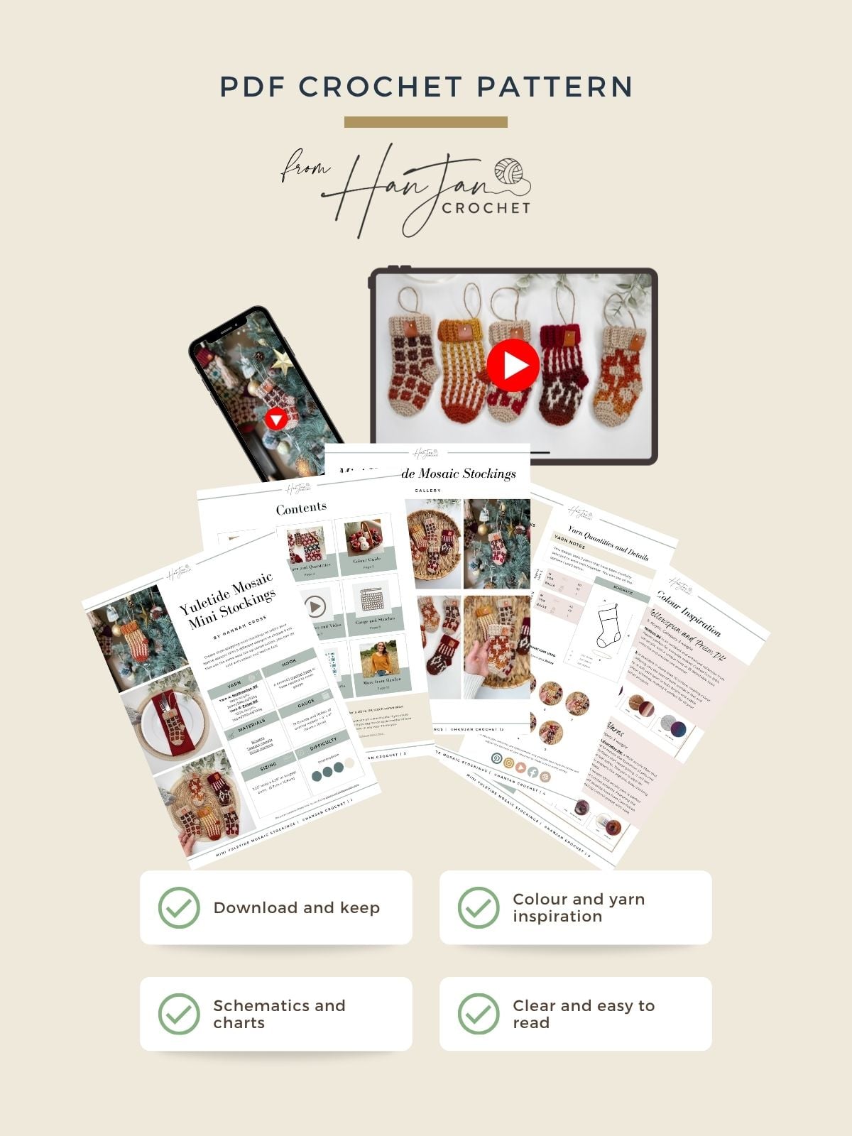 PDF crochet pattern promo featuring festive mini crochet Christmas stocking pattern designs, a mobile video thumbnail, sample instruction pages, and icons highlighting features like charts, readability, and downloadable content.