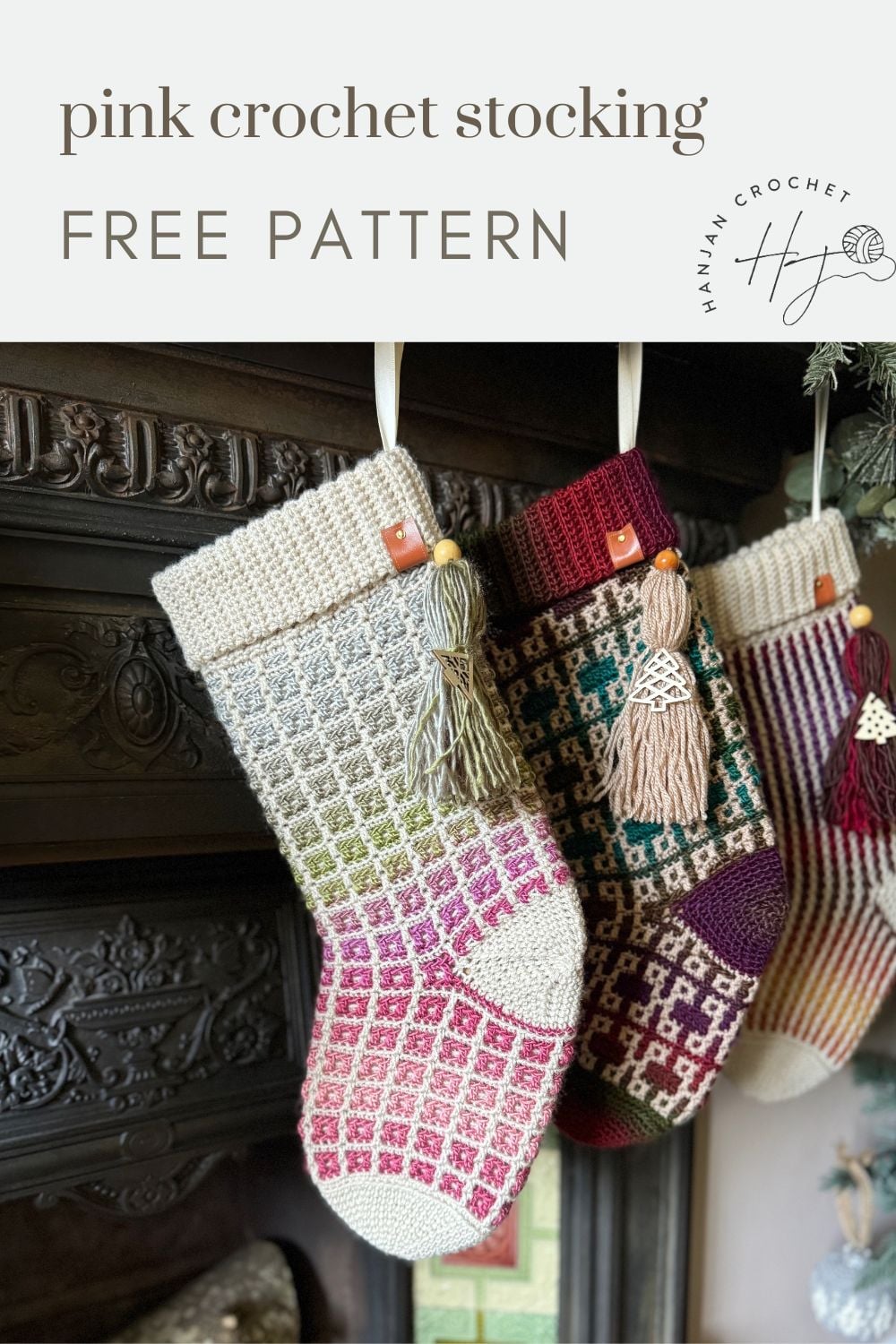 Three crocheted Christmas stockings hang side by side on a fireplace, each featuring a checkered pattern and tassel, with a "crochet Christmas stocking pattern" sign above.