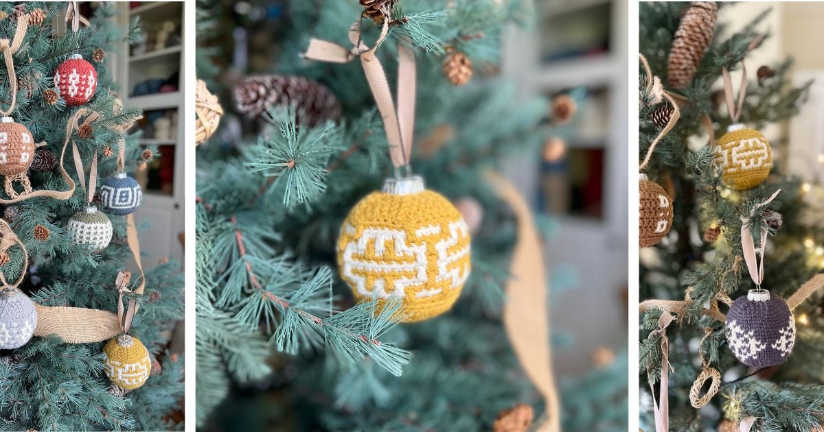 Close-up photos of a Christmas tree decorated with pinecones, burlap ribbon, and various hand-knitted patterned baubles in yellow, gray, and white—including an easy mosaic crochet bauble for a unique handmade touch.