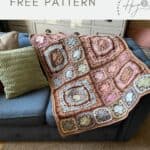 Beautiful vintage crochet blanket featuring a patchwork of squares in brown, pink, blue, and cream draped over a blue sofa with a green pillow. Text reads "beautiful crochet blanket FREE PATTERN.