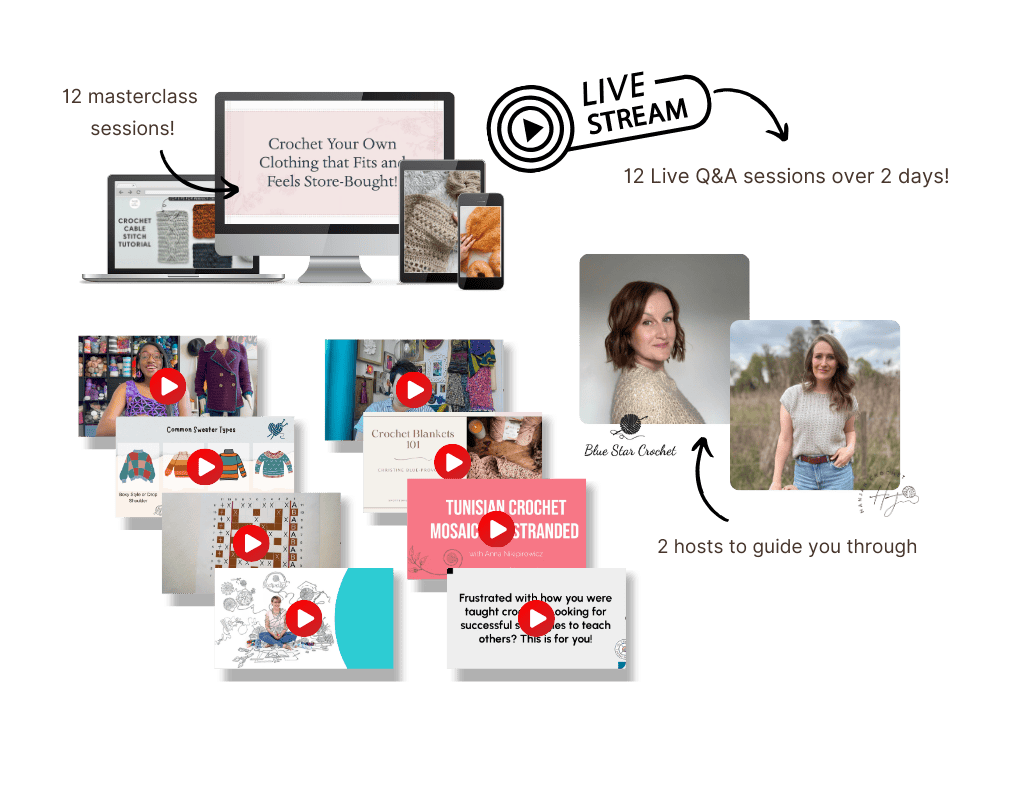 A collage showing crochet-related video thumbnails, two female hosts, a "Crochet Your Own Clothing" masterclass, and text detailing 12 sessions, 12 live Q&As, and two hosts.