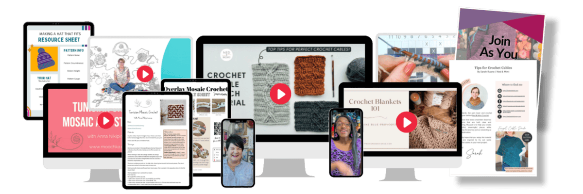 A collection of digital crochet resources, including video tutorials, patterns, a resource sheet, and promotional materials displayed on electronic devices.