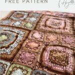 Crocheted blanket made of multicolored granny squares in pastel shades of brown, pink, green, and blue. The text “beautiful crochet blanket FREE PATTERN” appears above this stunning handmade piece.