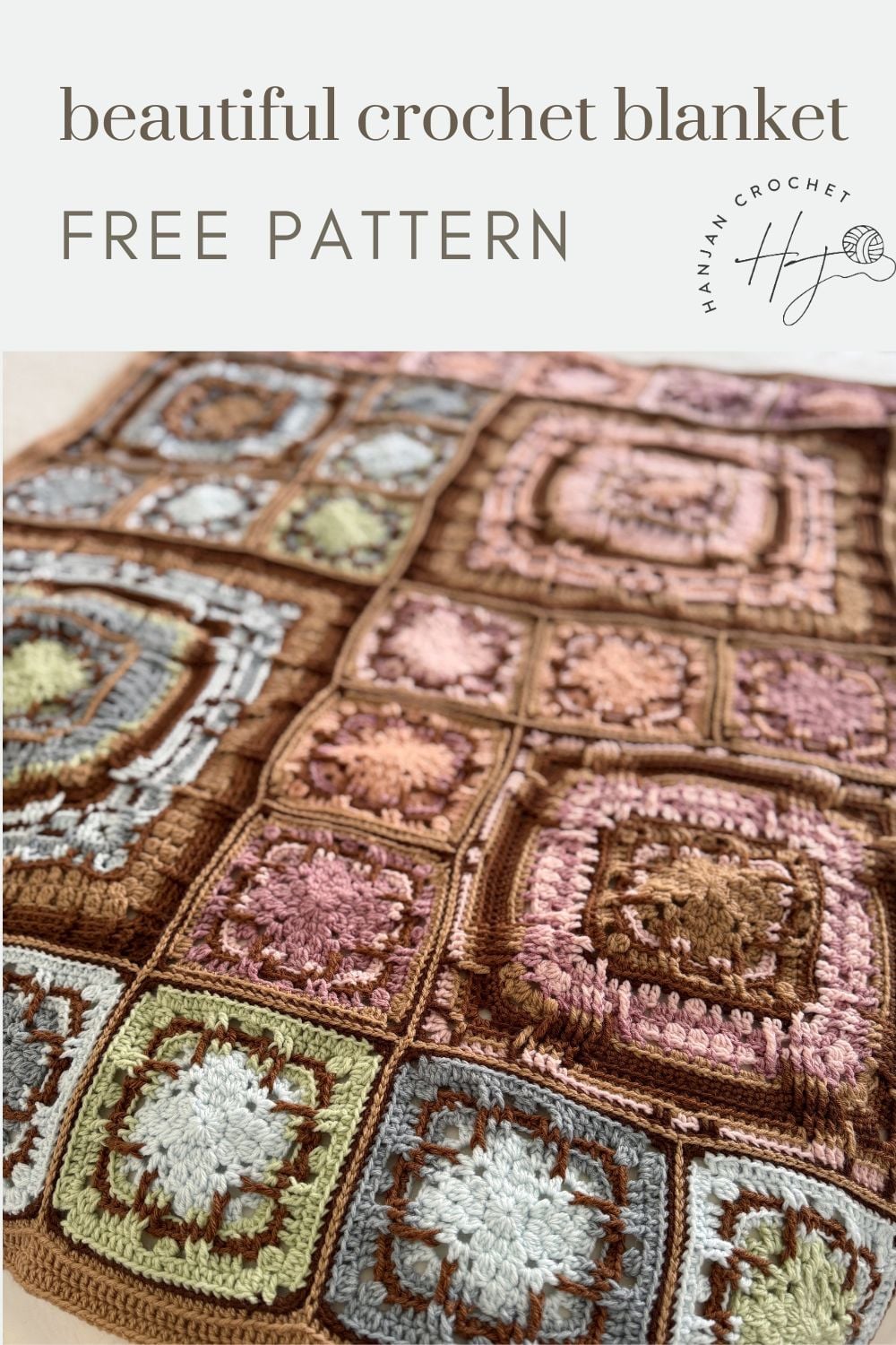 Crocheted blanket made of multicolored granny squares in pastel shades of brown, pink, green, and blue. The text “beautiful crochet blanket FREE PATTERN” appears above this stunning handmade piece.