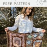 Woman standing outdoors, holding a beautiful crochet blanket made from multicolored squares; text overlay reads "crochet blanket from squares FREE PATTERN.