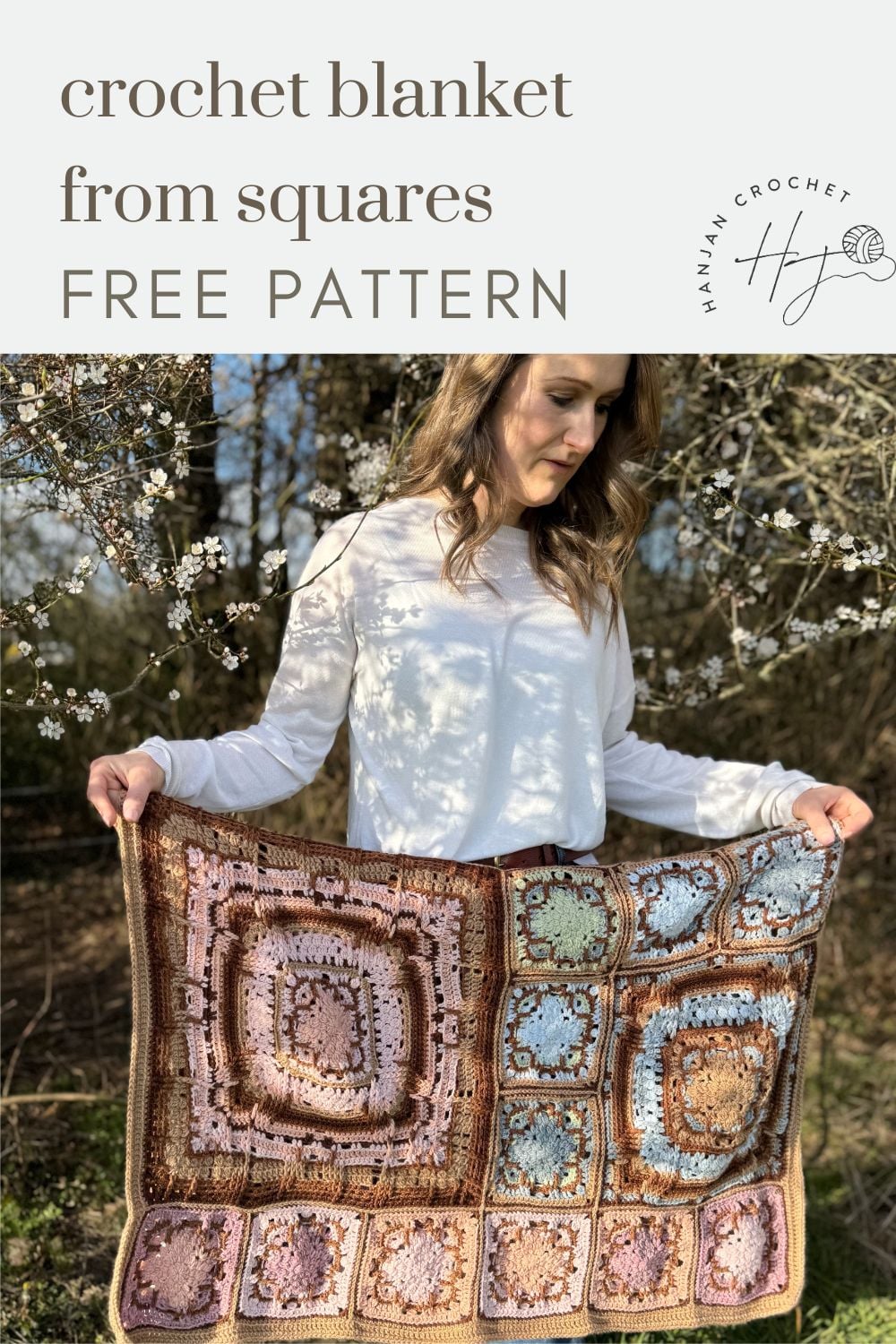 Woman standing outdoors, holding a beautiful crochet blanket made from multicolored squares; text overlay reads "crochet blanket from squares FREE PATTERN.