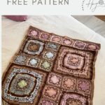 A beautiful crochet blanket featuring textured squares in brown, pink, blue, and cream lies on a bed. Text above reads "textured crochet squares FREE PATTERN.