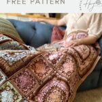 A person sits on a blue couch with a beautiful crochet blanket featuring square patterns and vibrant colors draped over their legs. Text reads: "unique crochet blanket FREE PATTERN.
