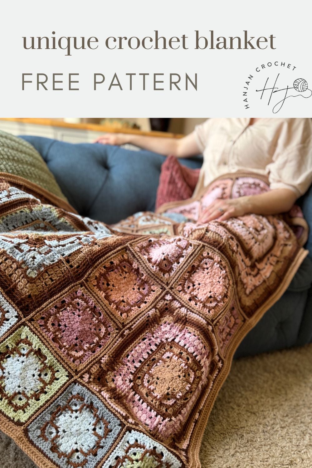 A person sits on a blue couch with a beautiful crochet blanket featuring square patterns and vibrant colors draped over their legs. Text reads: "unique crochet blanket FREE PATTERN.