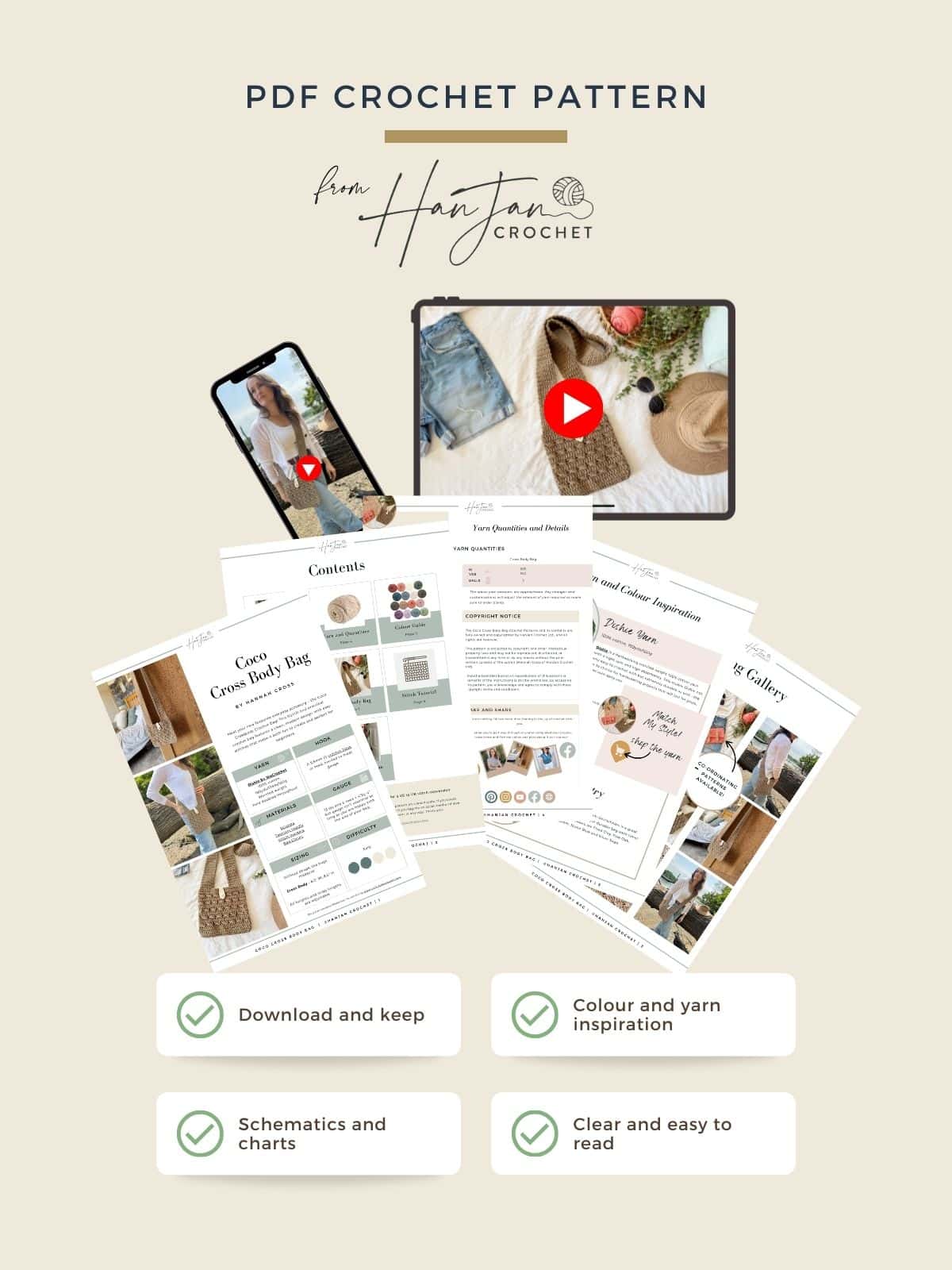 Digital PDF crochet pattern promotion featuring a phone displaying a video, printed pattern pages, and icons highlighting downloadable content, color inspiration, charts, and readability for a stylish crochet cross body bag free pattern.