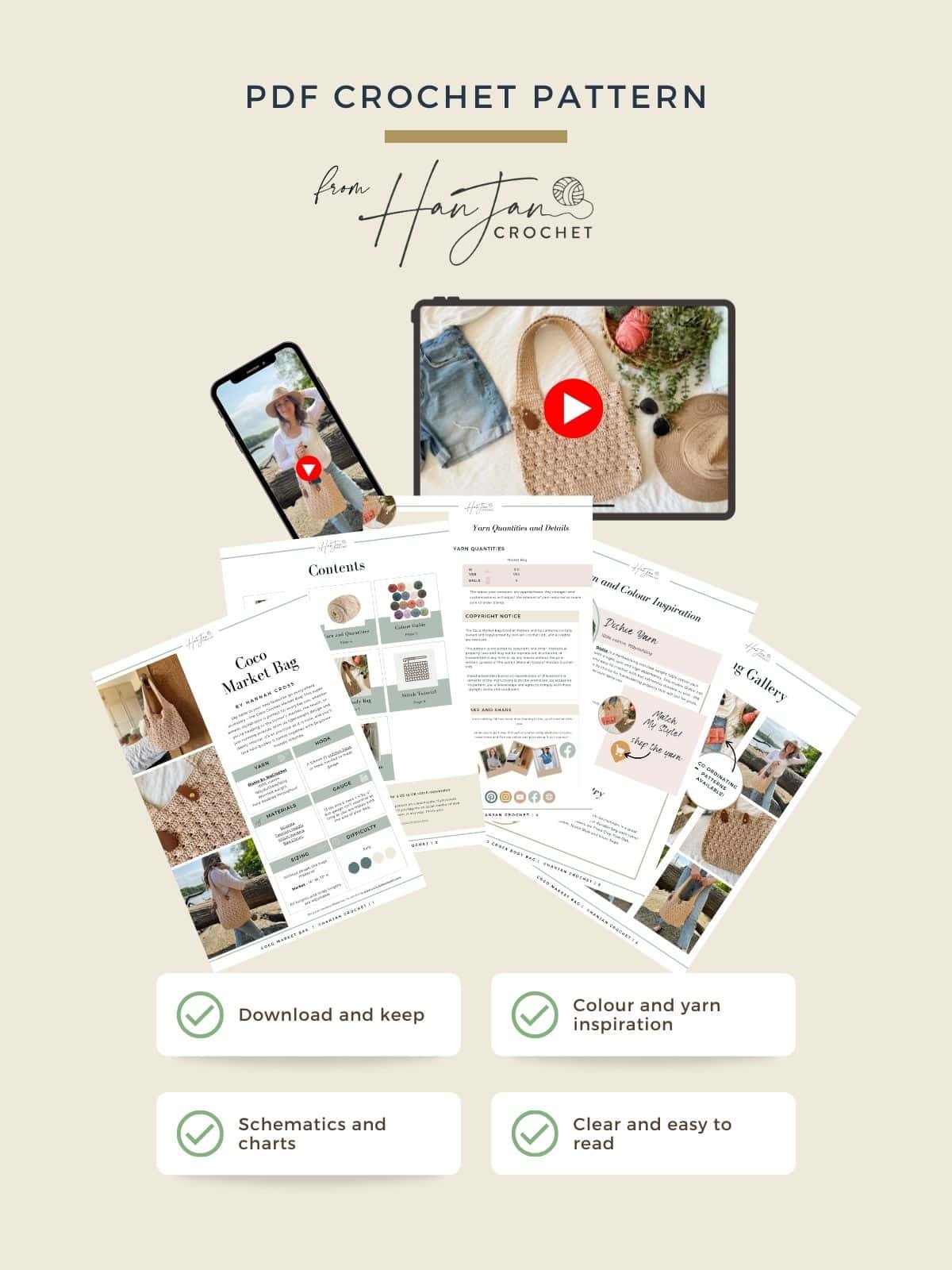 PDF crochet pattern advertisement featuring sample pages, a phone screen, and icons for download, inspiration, schematics, and clarity—plus a video tutorial. Perfect if you’re searching for a free crochet market bag pattern!.