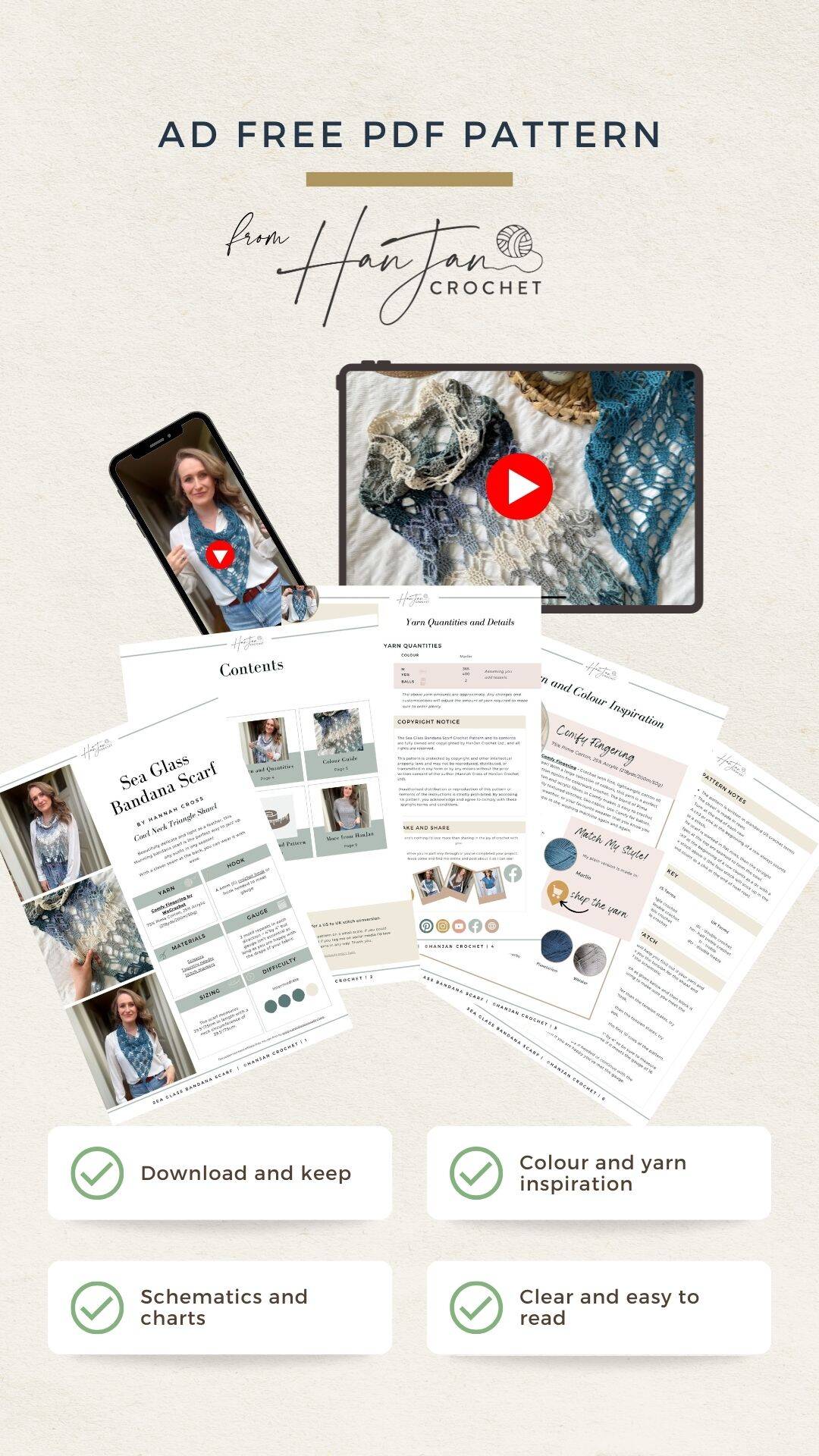 Promotional image for an ad-free PDF bandana scarf crochet pattern by HanJan Crochet, featuring a stylish scarf, pattern pages, and icons highlighting features like charts, yarn inspiration, and easy reading.