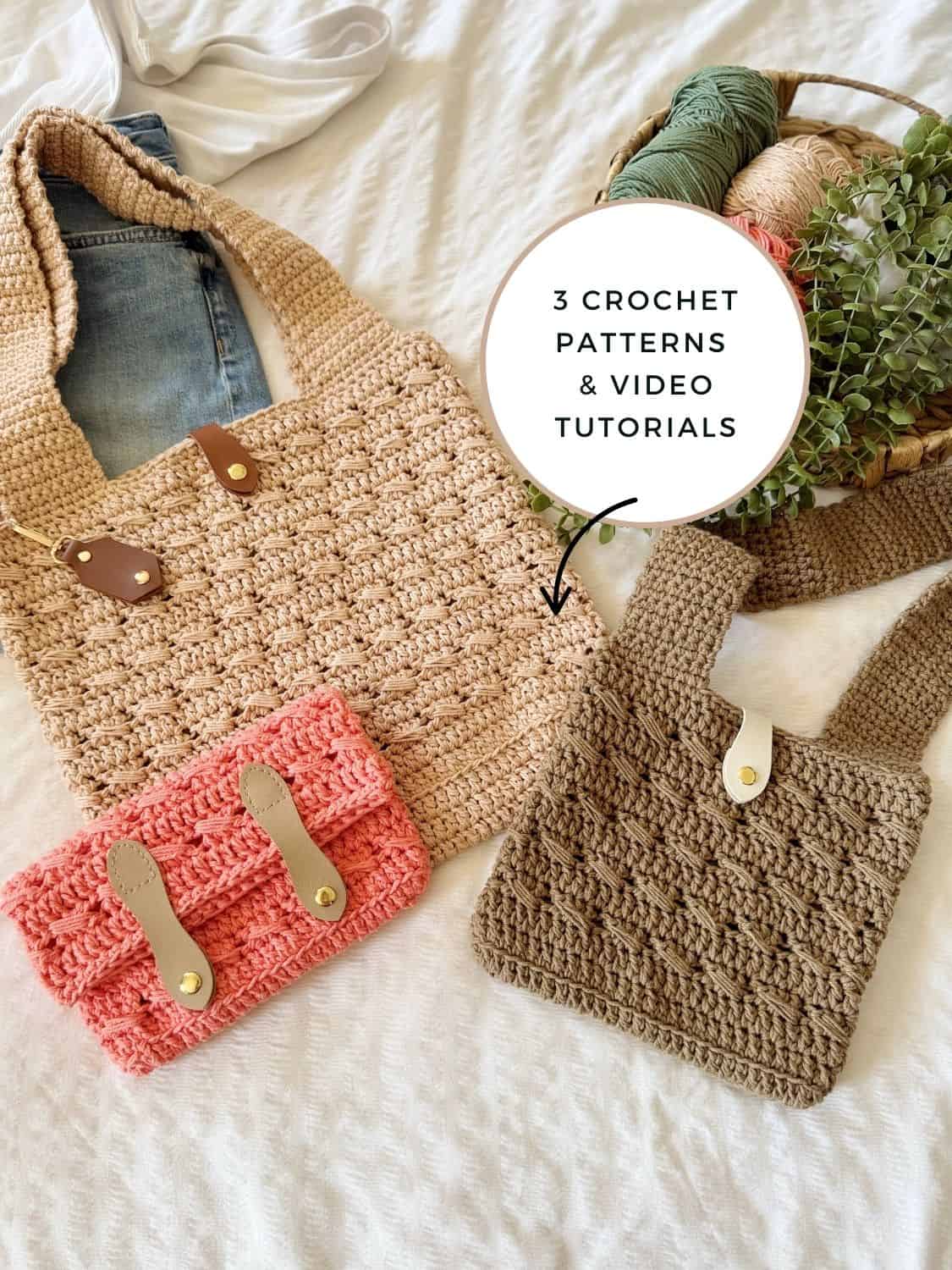 Three crochet bags in beige, pink, and brown are displayed on a bed next to a yarn basket, with a circular label reading "3 Crochet Patterns & Video Tutorials," including a crochet cross body bag free pattern.