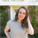 A woman stands outside wearing a light gray crocheted t-shirt, blue jeans, and a brown belt. Text above reads "crochet summer top pattern FREE PATTERN" with a circular logo on the right.