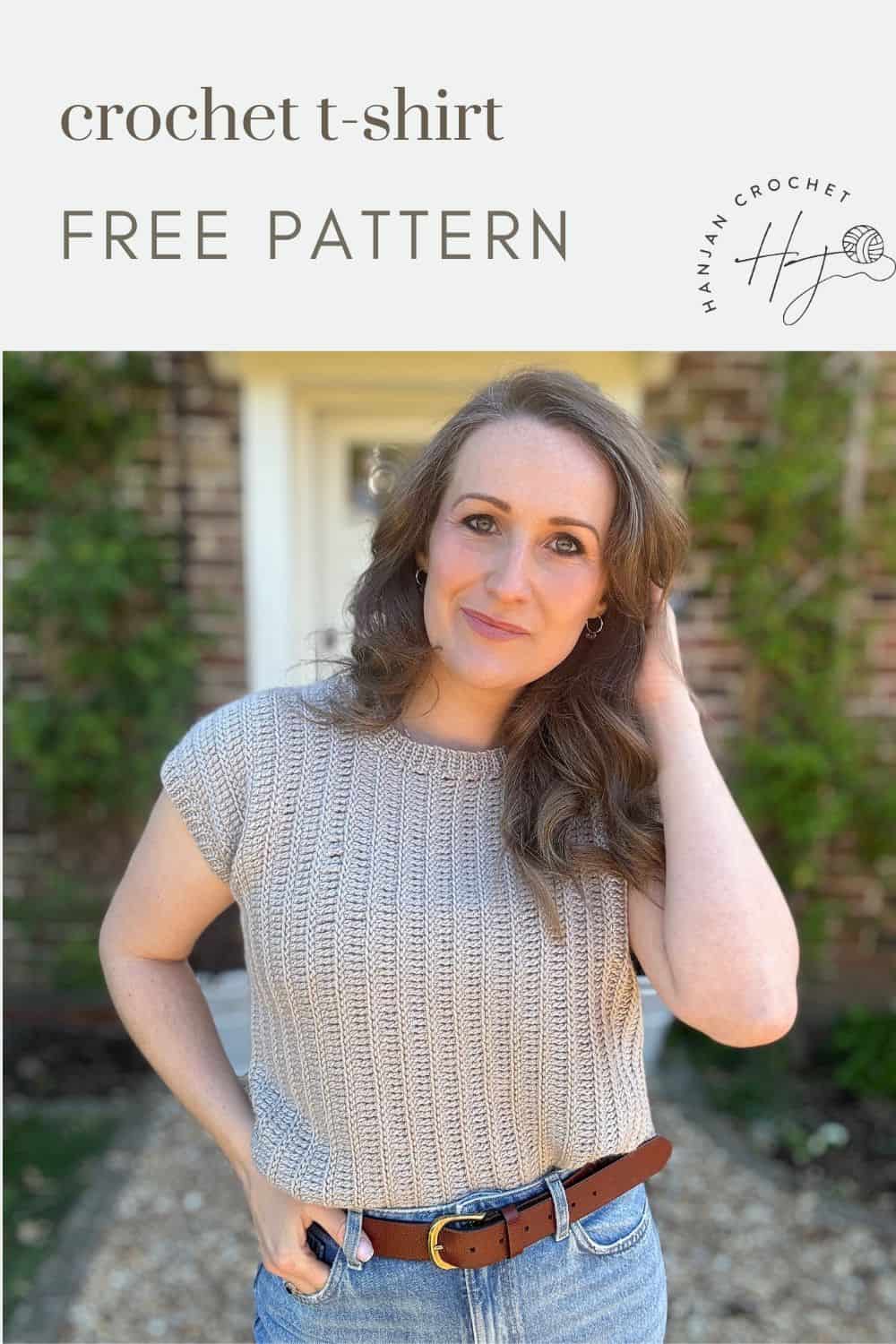 A woman stands outside wearing a light gray crocheted t-shirt, blue jeans, and a brown belt. Text above reads "crochet summer top pattern FREE PATTERN" with a circular logo on the right.