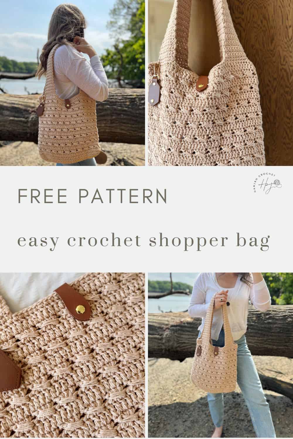 Collage showing a woman holding a beige crochet shopper bag with brown leather straps, close-up details of the bag, and text reading "FREE PATTERN easy crochet shopper bag." Perfect for those seeking a free crochet market bag pattern.