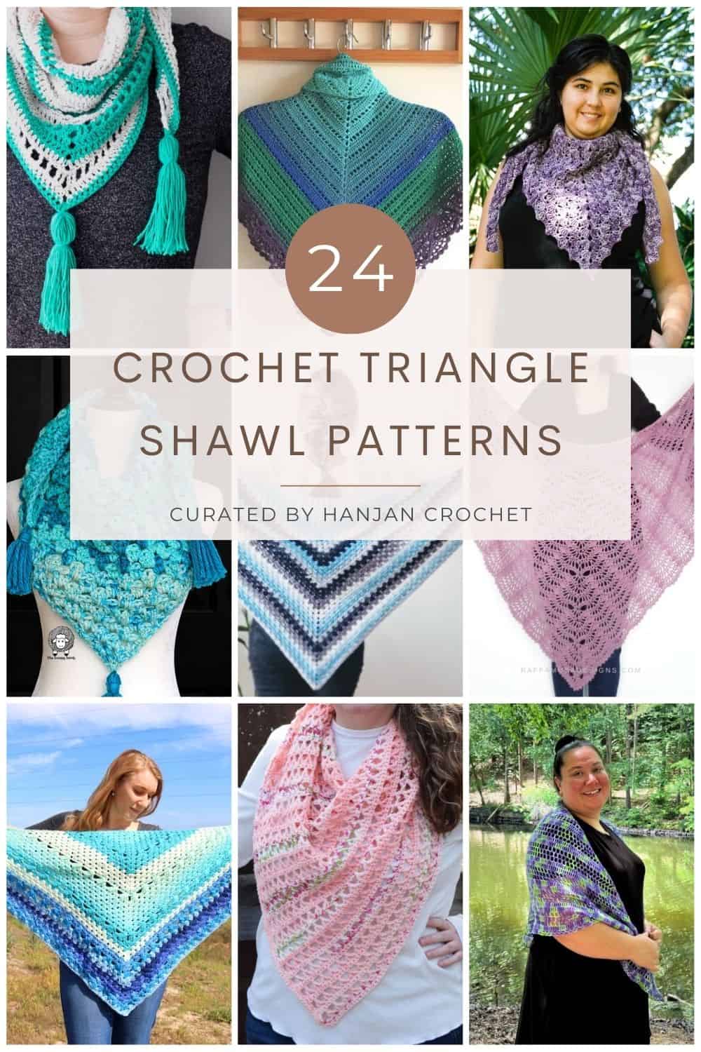 Collage of nine different crochet triangle shawls in various colors, with text overlay: "24 Free Crochet Triangle Shawl Patterns, Curated by HanJan Crochet.