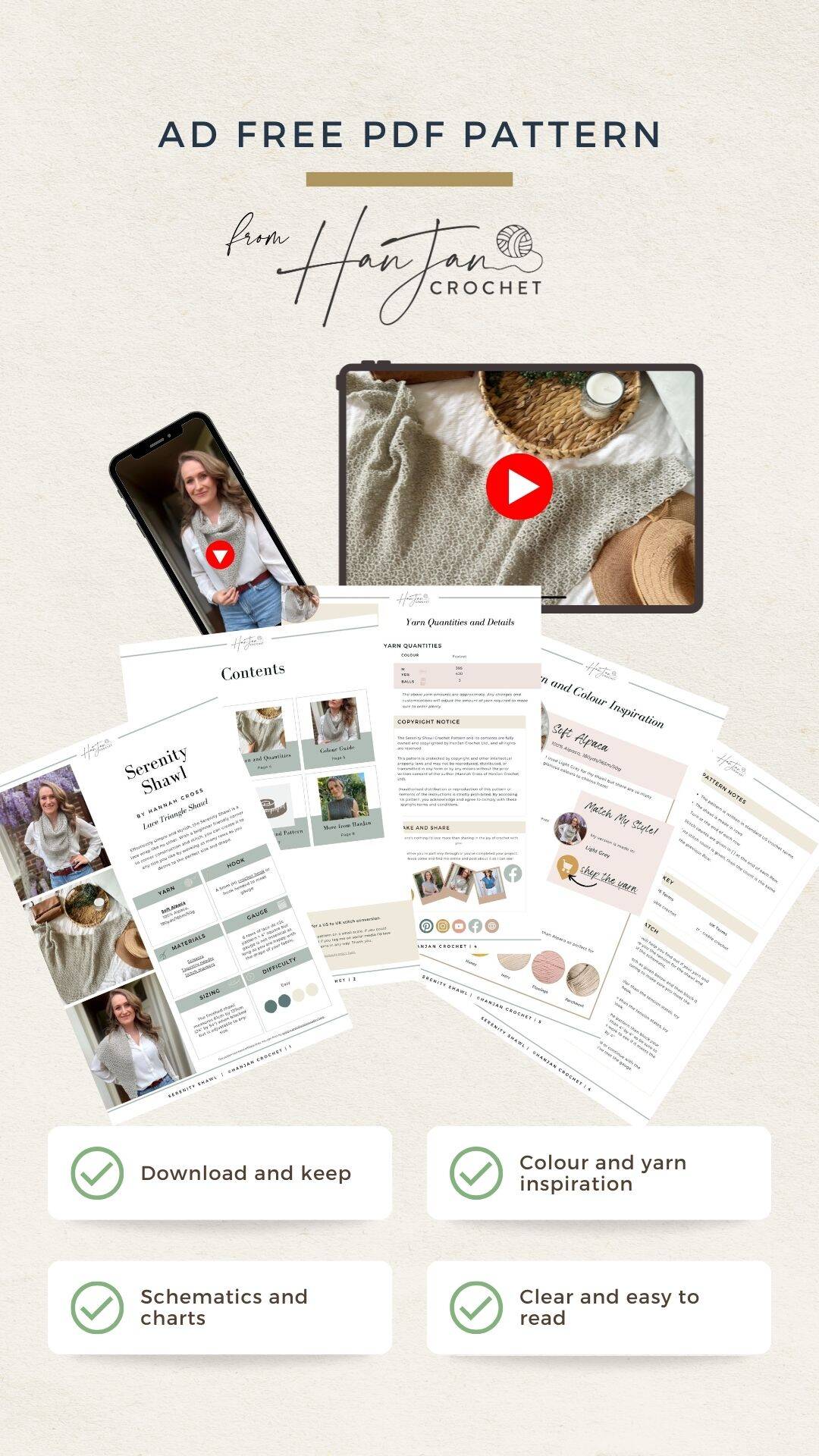 A digital ad displays an ad-free PDF lace crochet shawl pattern with preview images, a woman, crochet content, and icons highlighting download, color info, schematics, and clarity.