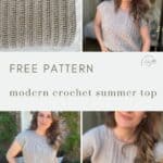 Collage showing a woman modeling a light gray crochet summer top, with close-up of the stitch pattern and text reading "Free crochet summer top pattern: modern and stylish design.