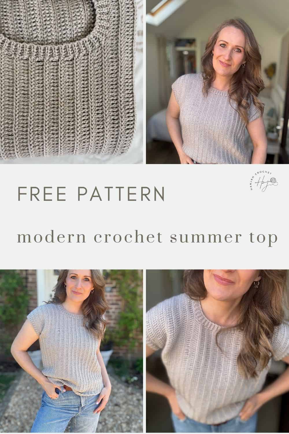 Collage showing a woman modeling a light gray crochet summer top, with close-up of the stitch pattern and text reading "Free crochet summer top pattern: modern and stylish design.