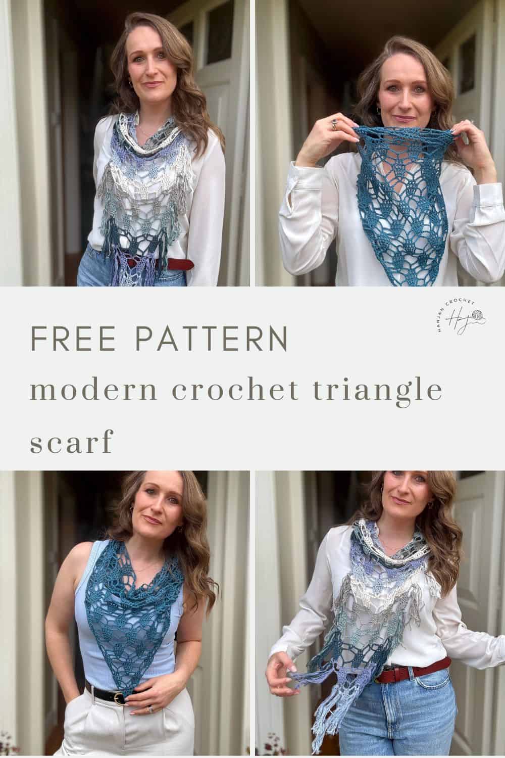 A woman models a blue and white bandana scarf crochet pattern in four different poses; text reads "Free Pattern: modern crochet triangle scarf.