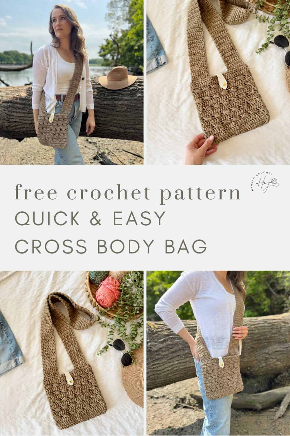 Collage featuring a handmade brown crochet cross body bag, modeled outdoors and styled with accessories. Text reads "crochet cross body bag free pattern: Quick & Easy Cross Body Bag.