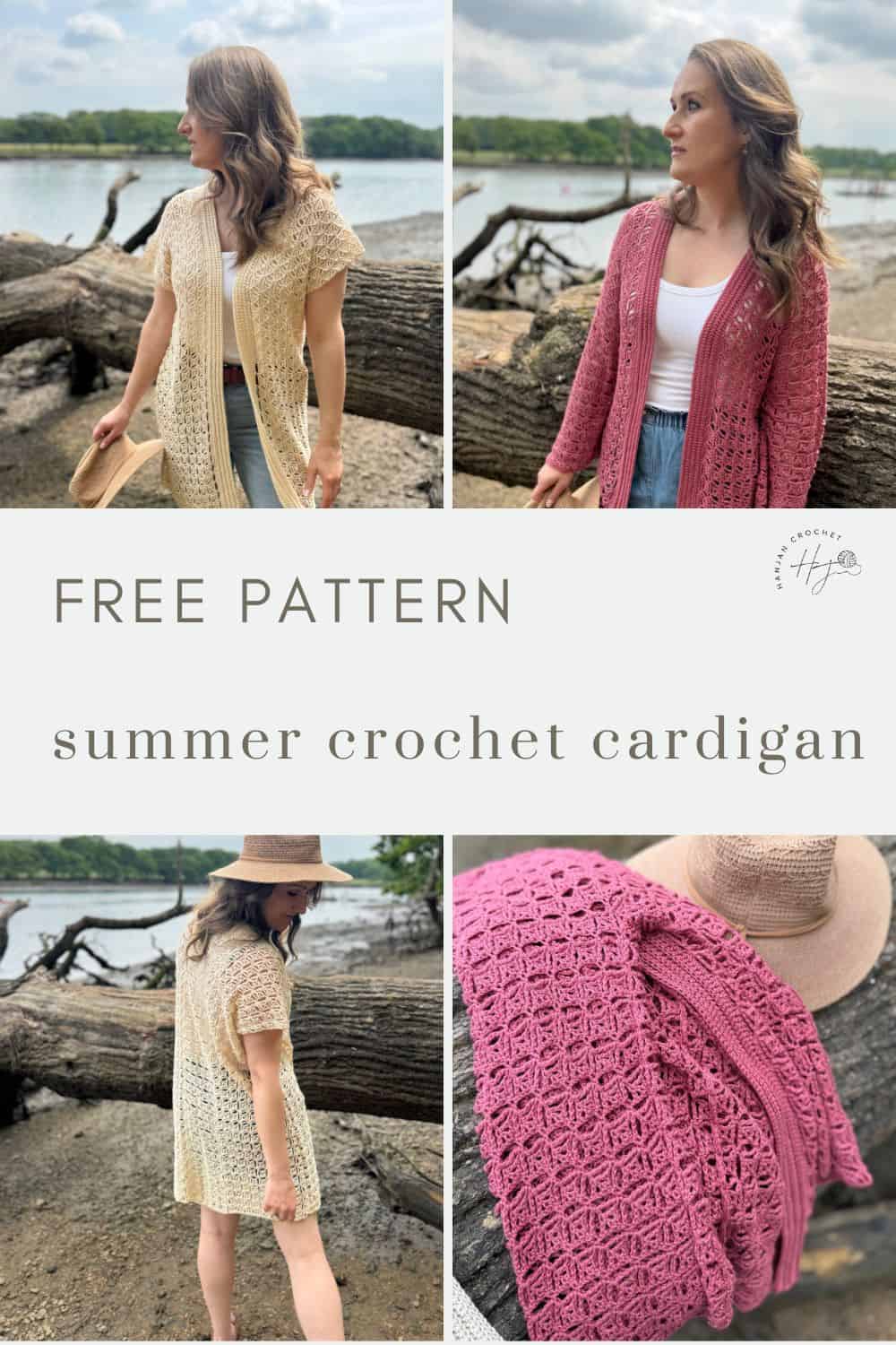 Collage of a woman modeling beige and pink crocheted cardigans by a lake, with a close-up of the pink cardigan and sunhat. Text reads: "Free Pattern: summer cardigan crochet pattern.