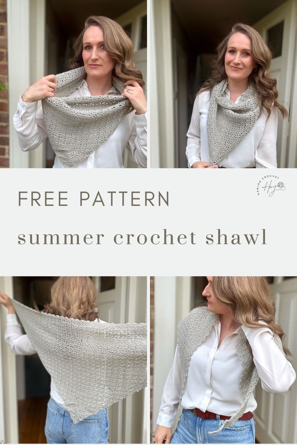 Four photos show a woman modeling a light gray lace crochet shawl. A text overlay reads: “Free pattern—summer lace crochet shawl pattern.”.