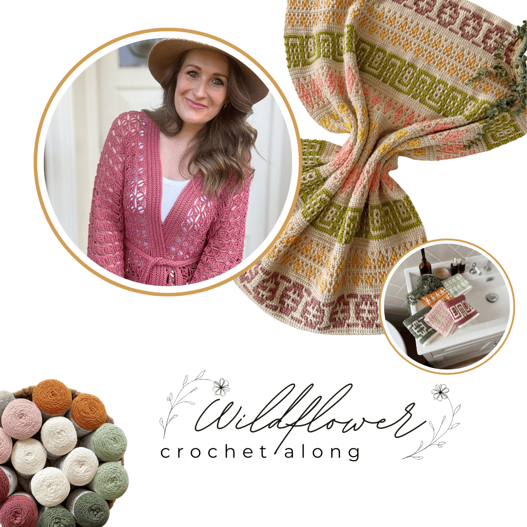 A woman in a pink crochet cardigan, a close-up of a multicolored crochet blanket, yarn skeins in a basket, and stacked crochet blankets, with "Wildflower crochet along" text.
