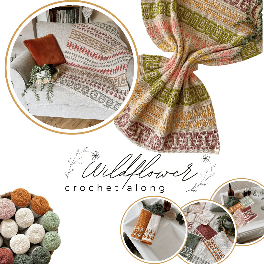 Collage showing a multicolored crochet blanket, matching hand towels, yarn skeins in earthy tones, and the text "Wildflower crochet along" with floral line art.