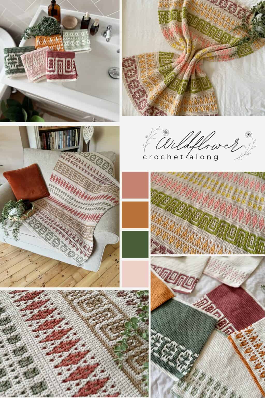 Collage of crocheted blankets in earth tones, with geometric patterns, draped on furniture and displayed with yarn, alongside a color palette and "Wildflower Crochet Along" text.